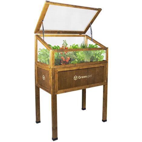Mini-Gewächshaus mit Abdeckung für Balkon und Terrasse 80x45x120 cm Greenspot - Gewächshaus auf Holzplattform, Hochbeet aus Holz, Frühbeet mit Abdeckung auf hohen Beinen, Farbe Palisander (1/5)