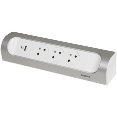 Legrand – Multiprise d'angle 3 prises 2P+T 16A 230V – Prise USB Type-A+C 3A 15W – Installation horizontale/verticale – Finition aluminium/blanc