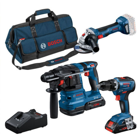 Bosch – Pack de 3 outils électroportatifs 18V – Perceuse GSR 18V-55, meuleuse GWS 18V-7, perforateur GBH 18V-22 – 2 batteries ProCORE 4Ah incluses
