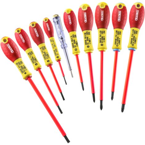 Expert – Jeu de 10 tournevis isolés 1000V VDE – Plat, Pozidriv, Phillips – Pour vis à fente et testeur 100/500V – Norme EN 60900
