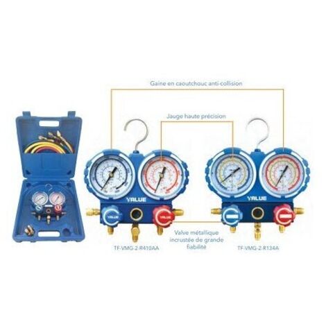 Coffret manomètres 2 voies R410A R407C R32 R134a – Pression max 30 bars – Flexibles 90 cm – Vannes robustes pour réfrigérants – DSC