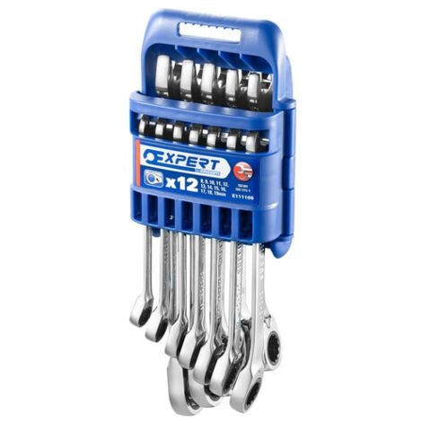 Expert – Jeu de 12 clés mixtes à cliquet E111106 – Acier au chrome vanadium – Support inclus – Dimensions 8-19 mm pour applications pro