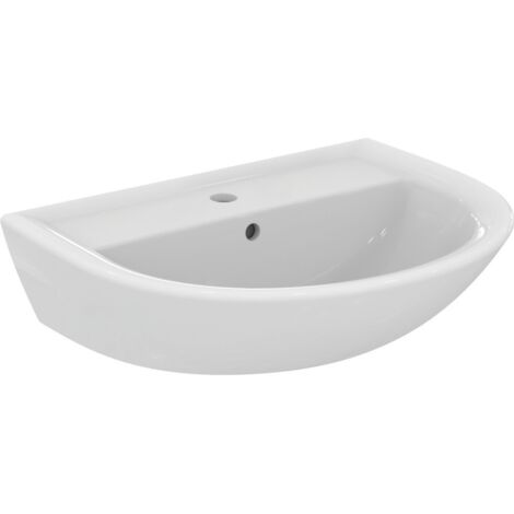 Porcher – Lavabo Ulysse avec trop-plein 55x46cm en porcelaine vitrifiée – Fixation murale – 1 trou central – Idéal pour salle de bains