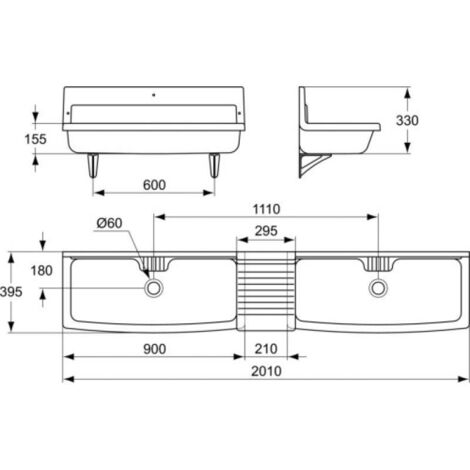 Porcher – Lavabo sur colonne 90 x 39,5 cm – Céramique – Fixation sur consoles 25 cm en acier époxy – P312001 – Sans trop-plein
