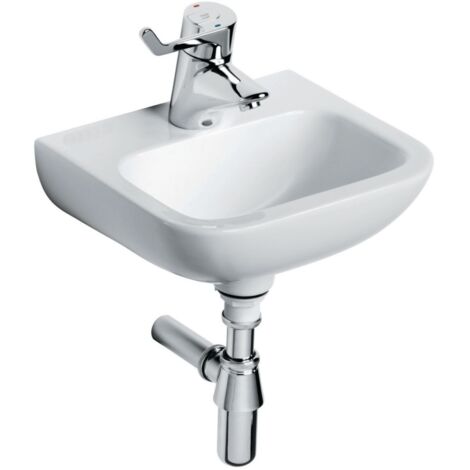 Porcher – Lave-mains autoportant 37x30,5cm sans trop-plein – Porcelaine vitrifiée – Trou central pour robinetterie – Compact pour espaces réduits (1/4)