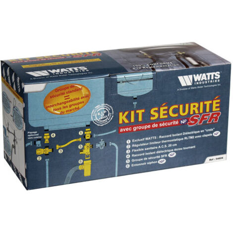 Watts – Kit sécurité NF SFR avec groupe de sécurité 3/4” – Raccord diélectrique inclus – Compatible chauffe-eaux jusqu'à 10 kW