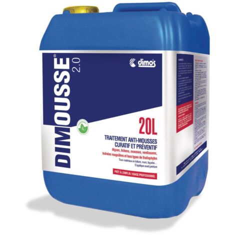 Dimos – Traitement antimousse 20 litres – Élimine mousses et algues – Prêt à l'emploi pour tuiles, murs et terrasses – Biodégradable > 98%