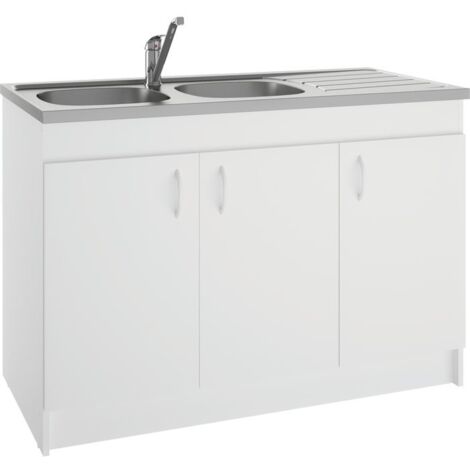 Meuble sous-évier 3 portes blanc 120 cm x 60 cm – Panneaux de particules mélaminés 16 mm – Charnières invisibles à rappel automatique