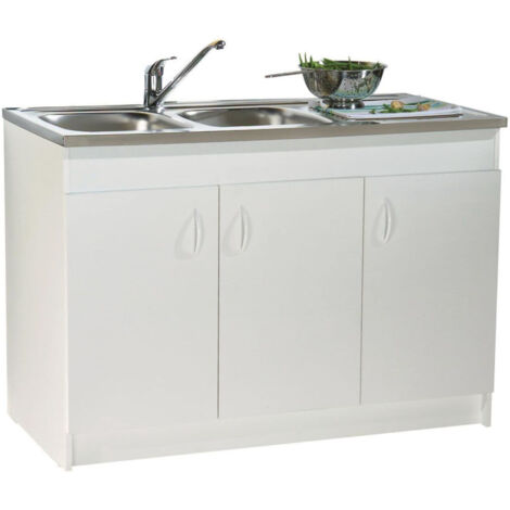 Meuble sous-évier 120 cm en mélaminé hydrofuge blanc – 3 portes avec charnières invisibles – Pour éviers à poser – Assemblage facile – Neova