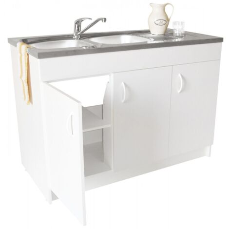 Nova – Meuble sous-évier 120 cm – 2 portes – Mélaminé blanc – Installation simple avec vérins métalliques – Compatible avec vide-sanitaire 141 mm