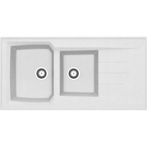 Moderna – Évier à poser Montreal en résine SMC blanc moucheté 2 bacs réversibles L120 cm – Épaisseur 33 mm pour installation facile (1/3)
