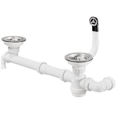 Moderna – Vidage complet évier 2 cuves avec trop plein rond – Siphon à bol réduit – Prise machine à laver et lave-vaisselle – Tube de trop plein réglable