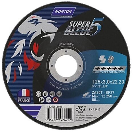 Norton – Disque à tronçonner 125 mm – Épaisseur 1 mm – Acier inox pour coupe nette – Alésage 22.23 mm – Pour meuleuse
