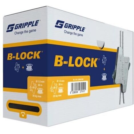 Pack de 30 galets B-Lock – 1 bobine de 50m de câble D1.5mm – Boîtier en zinc résistant – Dents en acier pour accroche forte – Gripple