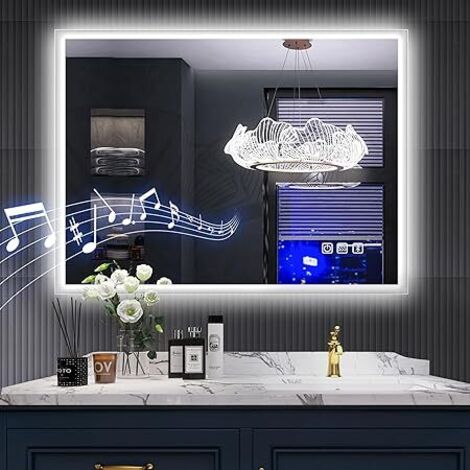 Specchio da bagno a LED 80x60 cm, dimmerabile con 3 colori di luce, funzione Bluetooth, antiappannamento, funzione di memoria, IP44, montaggio a parete orizzontale o verticale, S'bagno