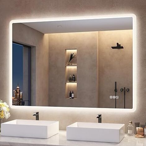 Specchio da bagno a LED antiappannamento, 3 colori della luce regolabili, dimmerabile, con funzione di memoria, impermeabile IP44, in vetro temperato, montaggio a parete orizzontale o verticale, 100x7