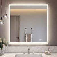 Espejo de baño LED 80 x 80 cm con Bluetooth, antivaho, 3 colores de luz ajustables, regulable, con función de memoria, grado de protección IP44, de vidrio templado, montaje en pared horizontal o verti