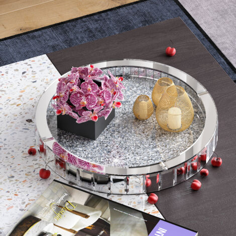 Plateau d'Art Luxueux en Miroir avec Diamants Brisés Argentés - Design Élégant et Glamoureux (1/5)