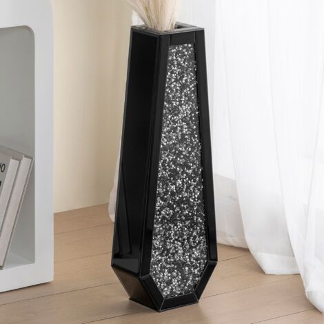 24in Modern Glam Black Mirrored Crystal Floor Vase - Tall Decorative Vase with Crushed Diamond Inlay for Living Room, Entryway, Home Accent