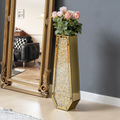 30in Modern Glam Gold Mirrored Crystal Floor Vase - Tall Decorative Vase with Crushed Diamond Inlay for Living Room, Entryway, Home Accent