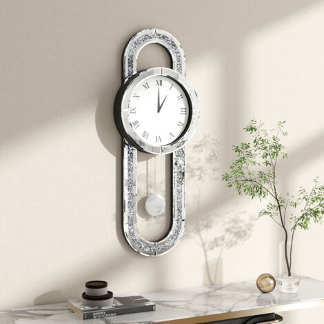 31.5in x 11.8in Modern Glam Crystal-Encrusted Mirrored Wall Clock with Pendulum - Decorative Roman Numeral Clock for Living Room, Bedroom, Home Accent
