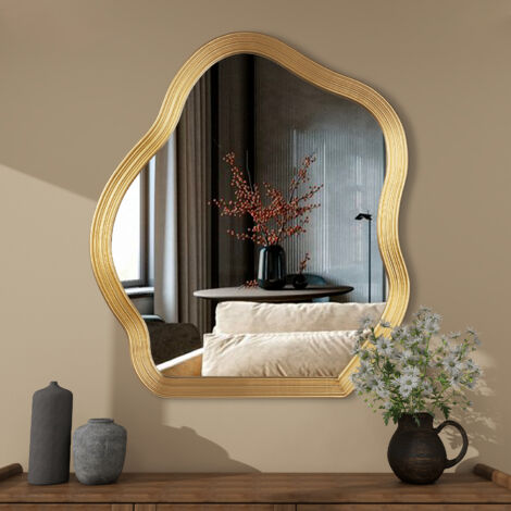 31.5in x 27.5in Modern Art Organic Wave Shaped Wall Mirror with Textured Gold Frame - Decorative Accent for Living Room & Entryway (1/5)
