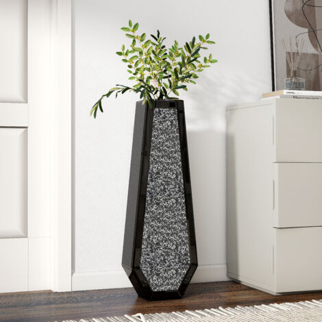 30in Modern Glam Black Mirrored Crystal Floor Vase - Tall Decorative Vase with Crushed Diamond Inlay for Living Room, Entryway, Home Accent