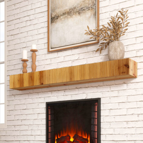 60in Modern Natural Solid Wood Fireplace Mantel Shelf - Fluted Wall-Mounted Decorative Shelf with Unique Wood Grain for Living Room, Bedroom, Home Accent (1/5)