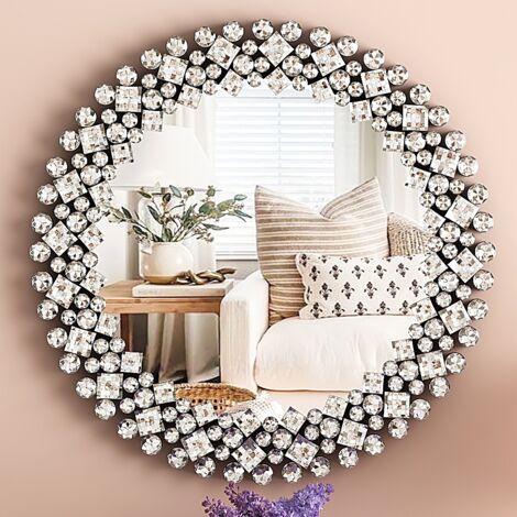 17.71in Modern Glam Crystal-Encrusted Round Wall Mirror - Decorative Accent Mirror for Living Room & Entryway