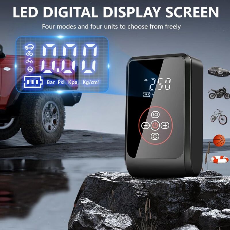 Gonfleur Pneus Portable Rapide 3x - Compresseur à Air Avec écran LED, 4 Embouts, Pour Voiture, Vélo, Ballons - 5