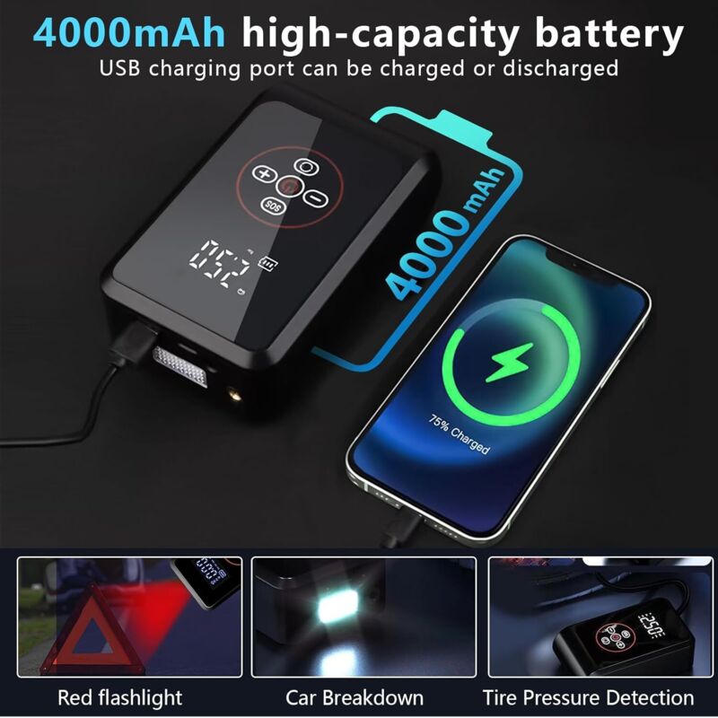 Gonfleur Pneus Voiture Portable 12V Lorrtta - Écran Digital, Mémoire, Arrêt Auto, 4 Unités, Lumière LED