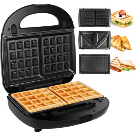 Gaufrier 3 en 1, appareil à sandwich, presse à gaufres, grille-pain, plaques remplaçables, 750 W - Noir (1/5)