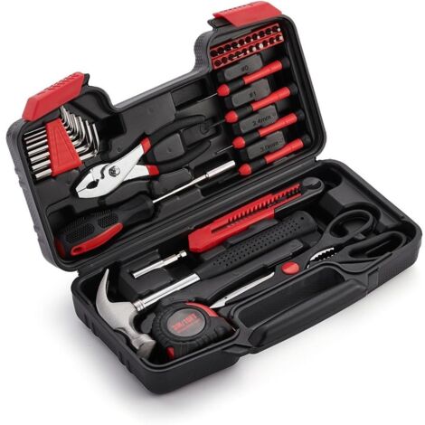 Boîte à Outils 39 Pièces, Mallette à Kit Outils avec Boîte et Portable avec Pince Marteau Tournevis, Kit de Bricolage Convient aux réparations Domestiques à Assemblage de à Entretien, Rouge (1/5)