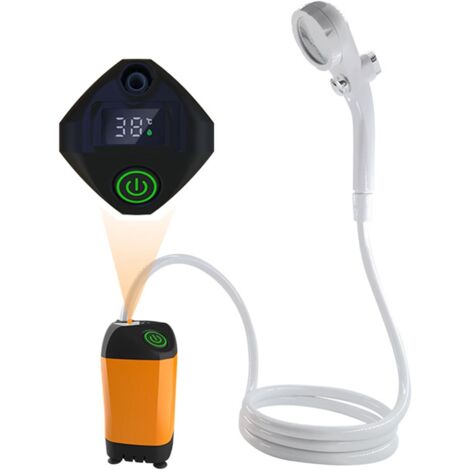 Douche de camping portable rechargeable avec pompe à affichage de la température, ensemble de douche d'extérieur mobile avec pommeau de douche et tuyau pour randonnée, voyage, plage, jardin (1/5)