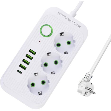 Multiprise à 3 prises avec câble de 2 m, 2500 W et interrupteur, multiprise USB 10 A, avec 3 ports AC, 4 USB et 1 port USB C, blanc (1/5)