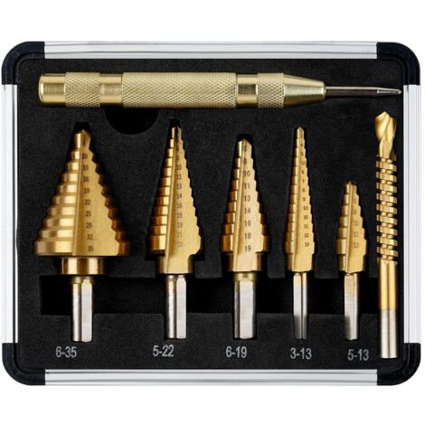 5PCS Foret Étagé (5-13mm, 3-13mm, 6-19mm, 5-22mm, 6-35mm), 1 Poinçon Central Automatique + 1 Foret Hélicoïdal, Foret de Coupe Conique à Double Fente Revêtu de Titane Hss avec Étui (1/5)