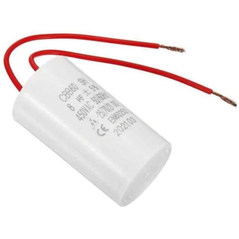 Condensateur CBB60 8uF 450V AC 2 fils 12cm 50-60Hz Film polypropylène Plastique pour Pompe à eau Blanc 1Pcs