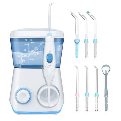 Jet Dentaire Hydropulseur - Avec 7 Buses Multifonctions, 10 Réglages de Pression D'eau, IPX7 Étanche, 600ML Irrigateur Dentaire Pour Les soins Familiaux (Blanc)