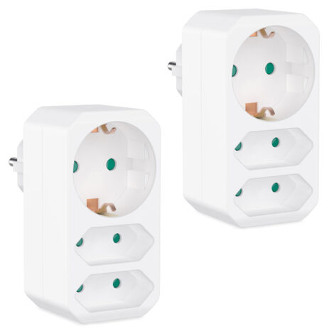 Lot de 2 multiprises blanches - Adaptateur de prise avec sécurité enfant - Double prise 3680 W - Multiprise triple - Prises multiples : 2 Euro et 1 Schuko - Prise avec contact de terre (1/5)