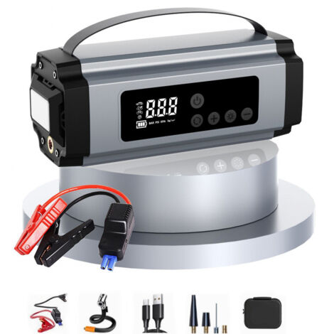 Booster Batterie Voiture avec Gonfleur 150PSI, 6000mA Demarreur Batterie Voiture pour Jusqu’à 8L Gaz ou 5L Diesel, Booster Moto avec Éclairage LED, Chargeur USB-C et Écran LCD