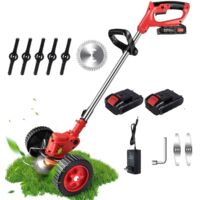 Coupe-Bordure de Jardin sans Fil 24V à Lame Métallique Avec Batterie Li-ion 4 Ah et Chargeur de Batterie,Roues Amovibles,Débroussailleuse Électrique pour Jardins et Pelouses(2pcs battery)