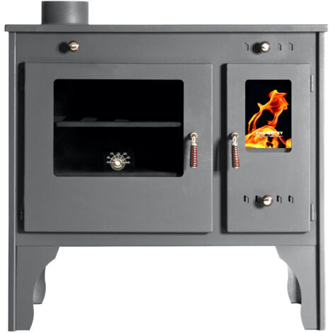 Prometey – Cuisinière à bois 7 kW – Rendement 83,63 % – Classe A+ – Plaque en fonte – Sortie de fumées à gauche – Pour surfaces jusqu'à 80 m²