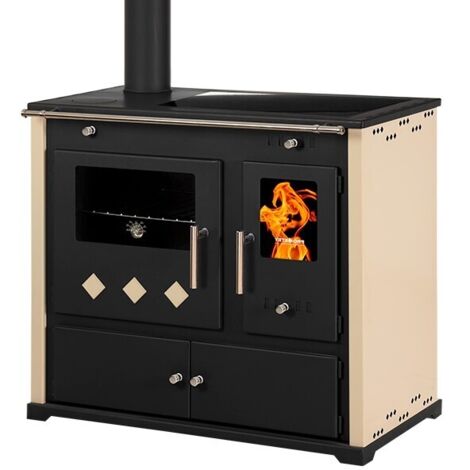 Prometey – Cuisinière à bois 9,5 kW – Plaque en céramique – Panneaux ivoire vernis – Sortie de fumée gauche – Rendement 87,54 %