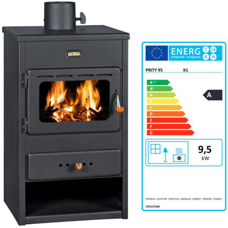 Prity – Poêle à bois 9,5 kW – Rendement 77,8 % – Émissions CO 669 mg/Nm³ – Conduit 130 mm – Pour bois sec ≤ 20 %