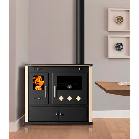 Prometey – Cuisinière à bois 9,5 kW avec plaque en céramique – Classe A+ – Rendement 87,54% – Surface de chauffe 40-100 m² – Dimensions 940x520x900mm