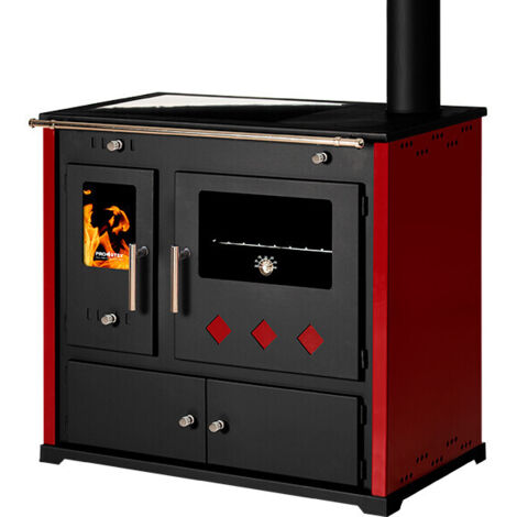 Prometey – Cuisinière à bois 9,5 kW avec plaque en céramique – Classe A+ – Surface de chauffe 40-100 m² – Panneaux latéraux rouges