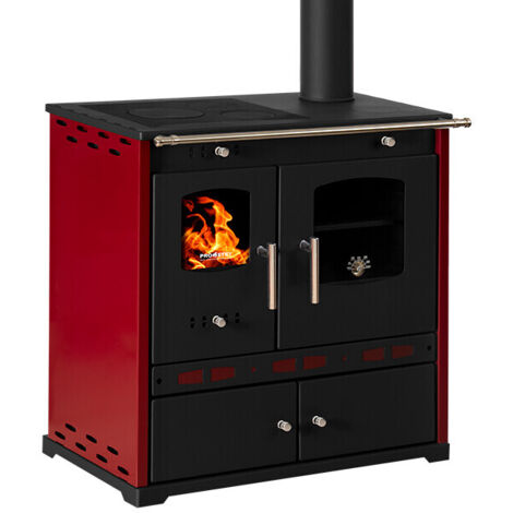 Prometey – Cuisinière à bois 7,5 kW – Classe A+ – Rendement 83,63% – Surface de chauffe 40-100 m² – Dimensions 815x530x800 mm – Finitions Bordeaux