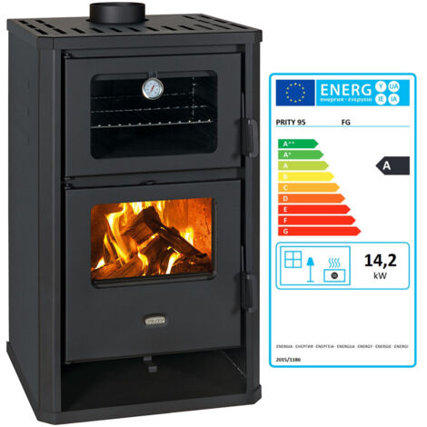 Holzofen mit Backfach Prity FG D – 14,2 kW, Kompaktes Design, Graphitschwarz, Energieklasse A