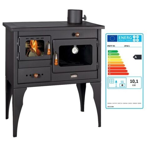 Holzofen Prity 1P34L mit Backfach – 10,1 kW – Graphitschwarz – Energieklasse A – Mit Metall-Kochplatte