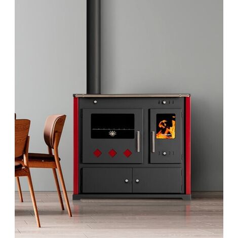 Holzherd mit Keramikplatte – 9,5 kW – Seitenteile rot lackiert, modernes Design und Rauchrohr links – Energieklasse A